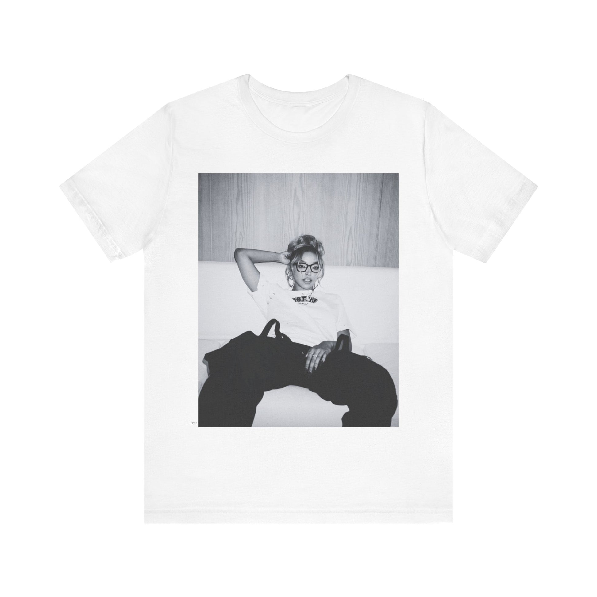 A black graphic t-shirt featuring a black and white portrait photo of Tinashe.