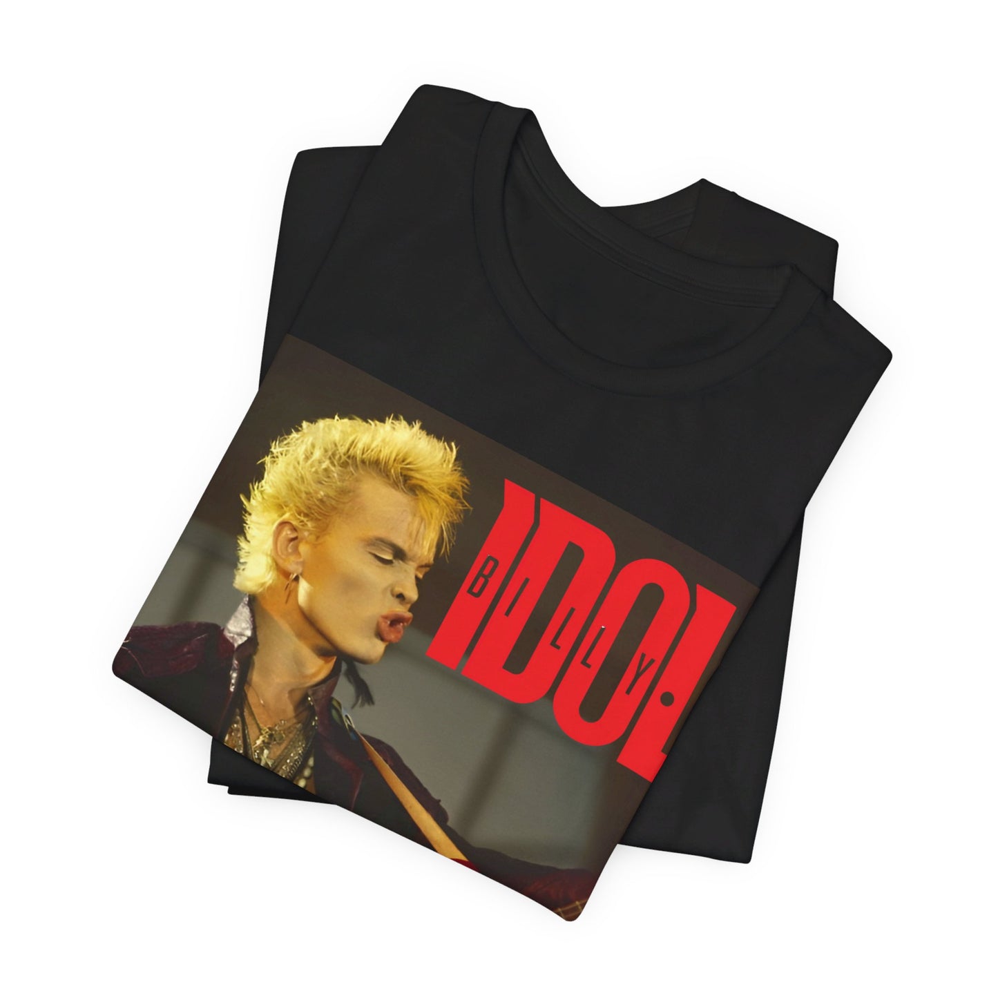 A black graphic t-shirt featuring a retro 80s tour graphic for Billy Idol, possibly with concert imagery or band members in action.