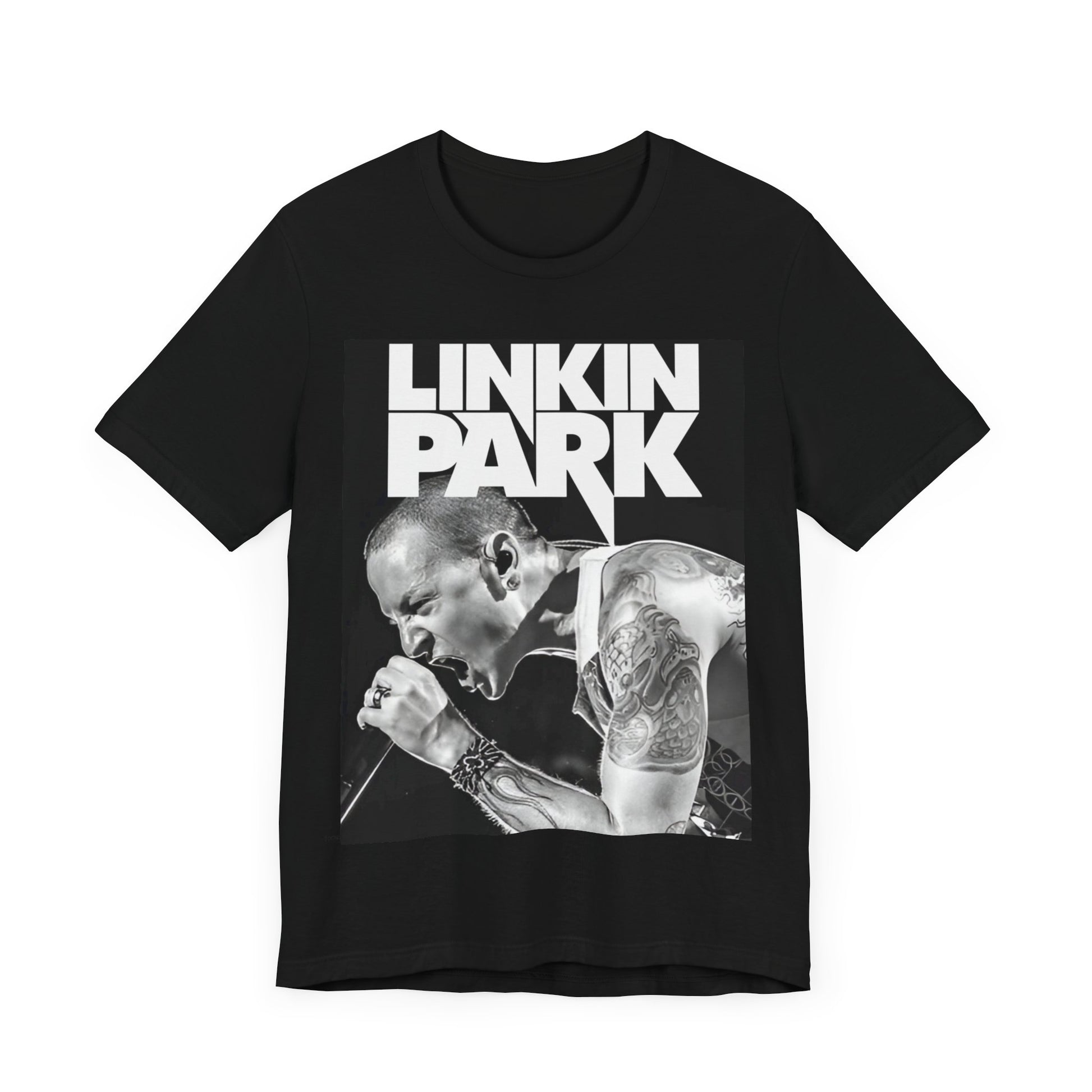 A black graphic t-shirt featuring a black and white graphic or photo portrait of Chester Bennington from Linkin Park.