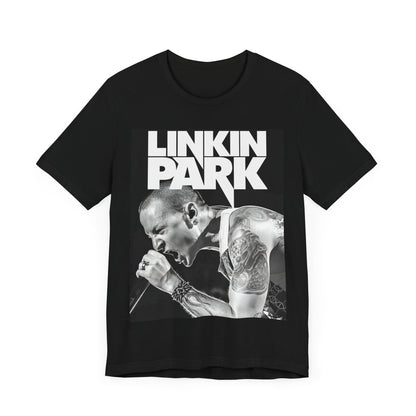 A black graphic t-shirt featuring a black and white graphic or photo portrait of Chester Bennington from Linkin Park.