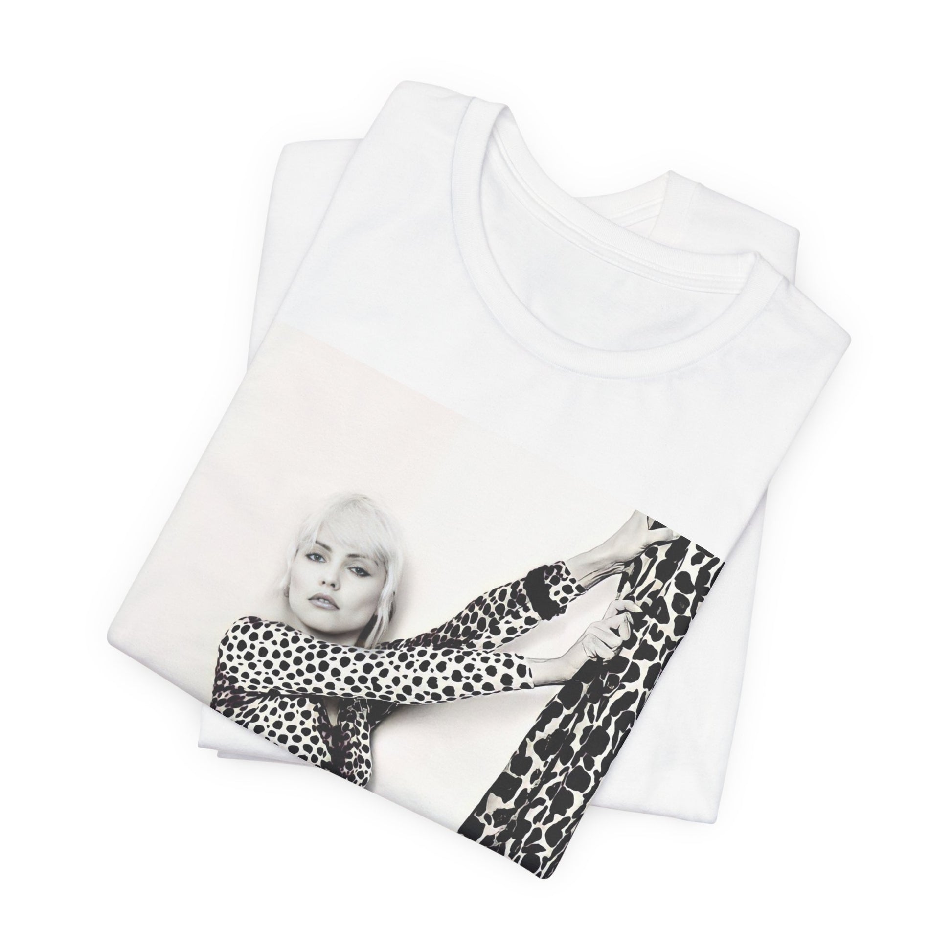 A black graphic t-shirt featuring a black and white, wild-style graphic of Blondie, emphasizing their untamed spirit.