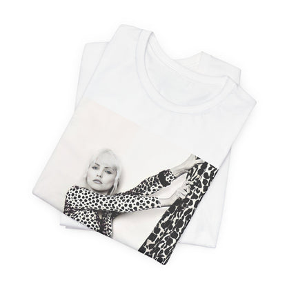 A black graphic t-shirt featuring a black and white, wild-style graphic of Blondie, emphasizing their untamed spirit.