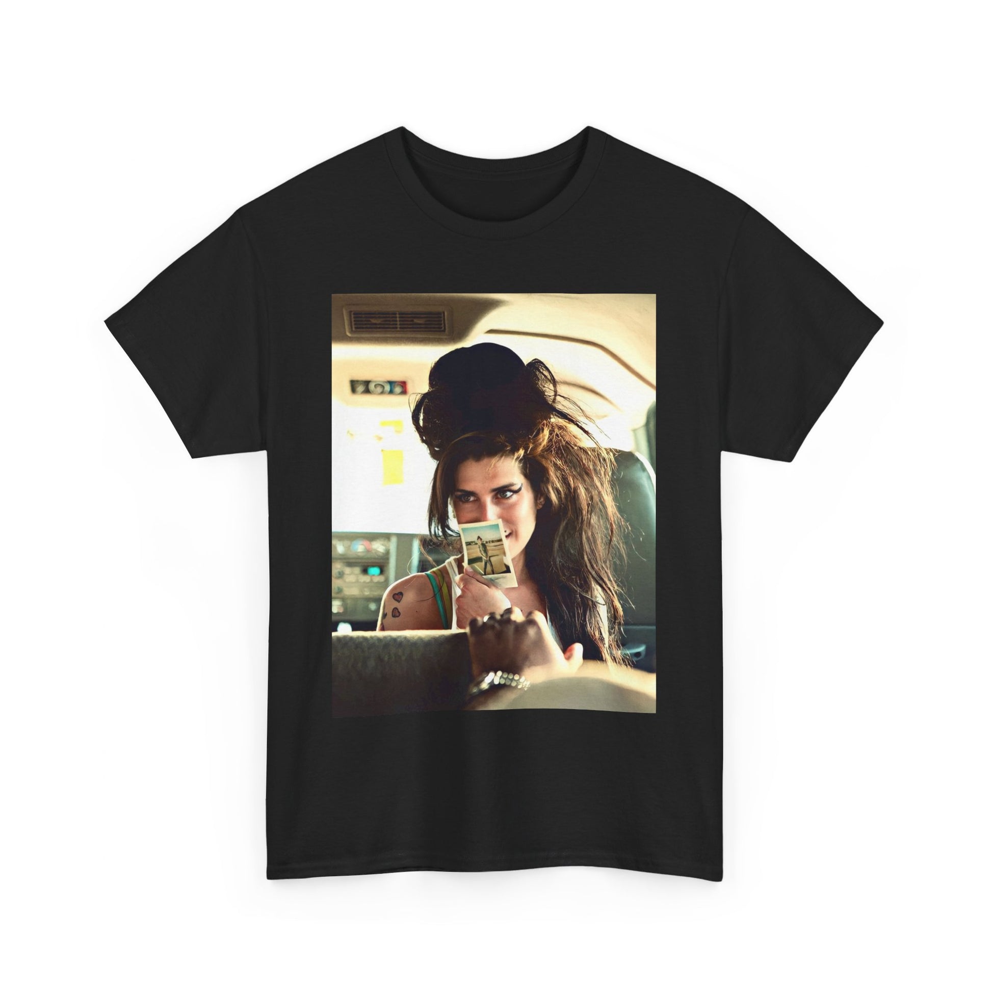 A black graphic t-shirt featuring a chaotic or candid graphic of Amy Winehouse offstage, capturing her intense or expressive moments.