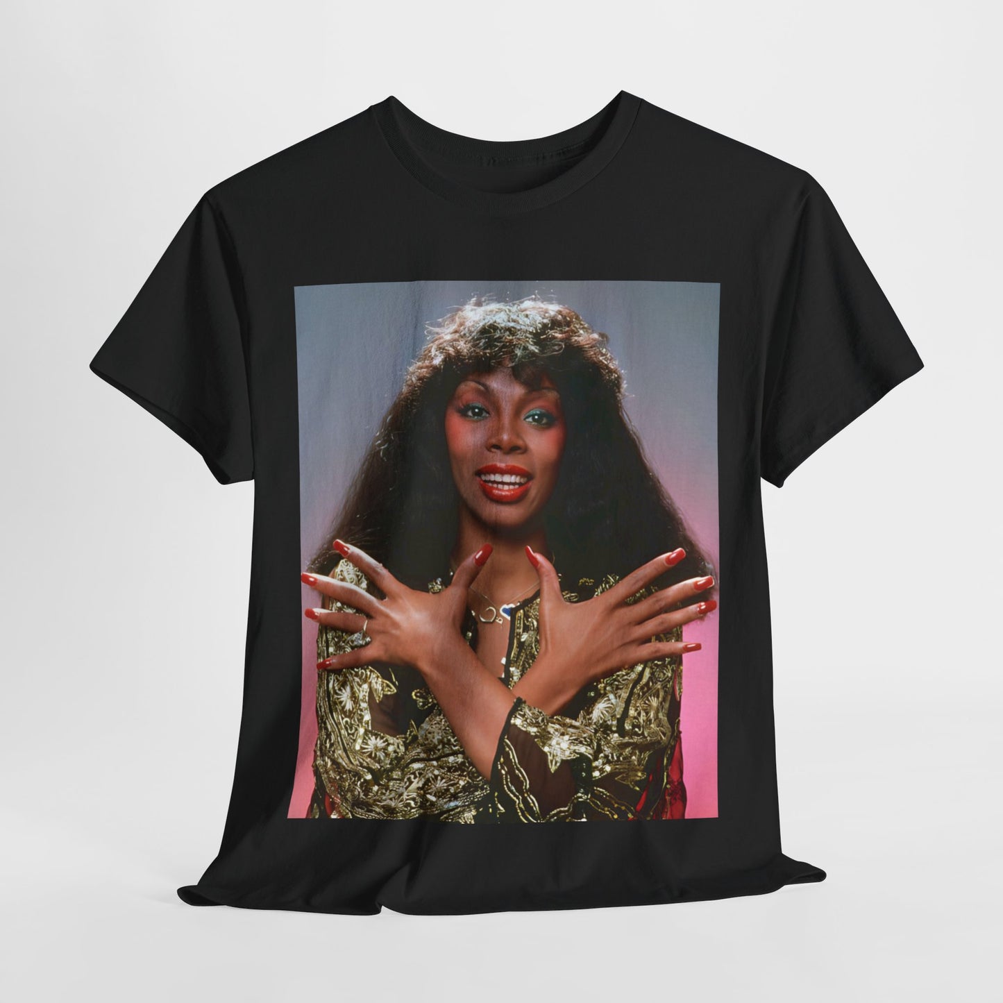 A black graphic t-shirt featuring a retro graphic of Donna Summer as the Queen of Disco.
