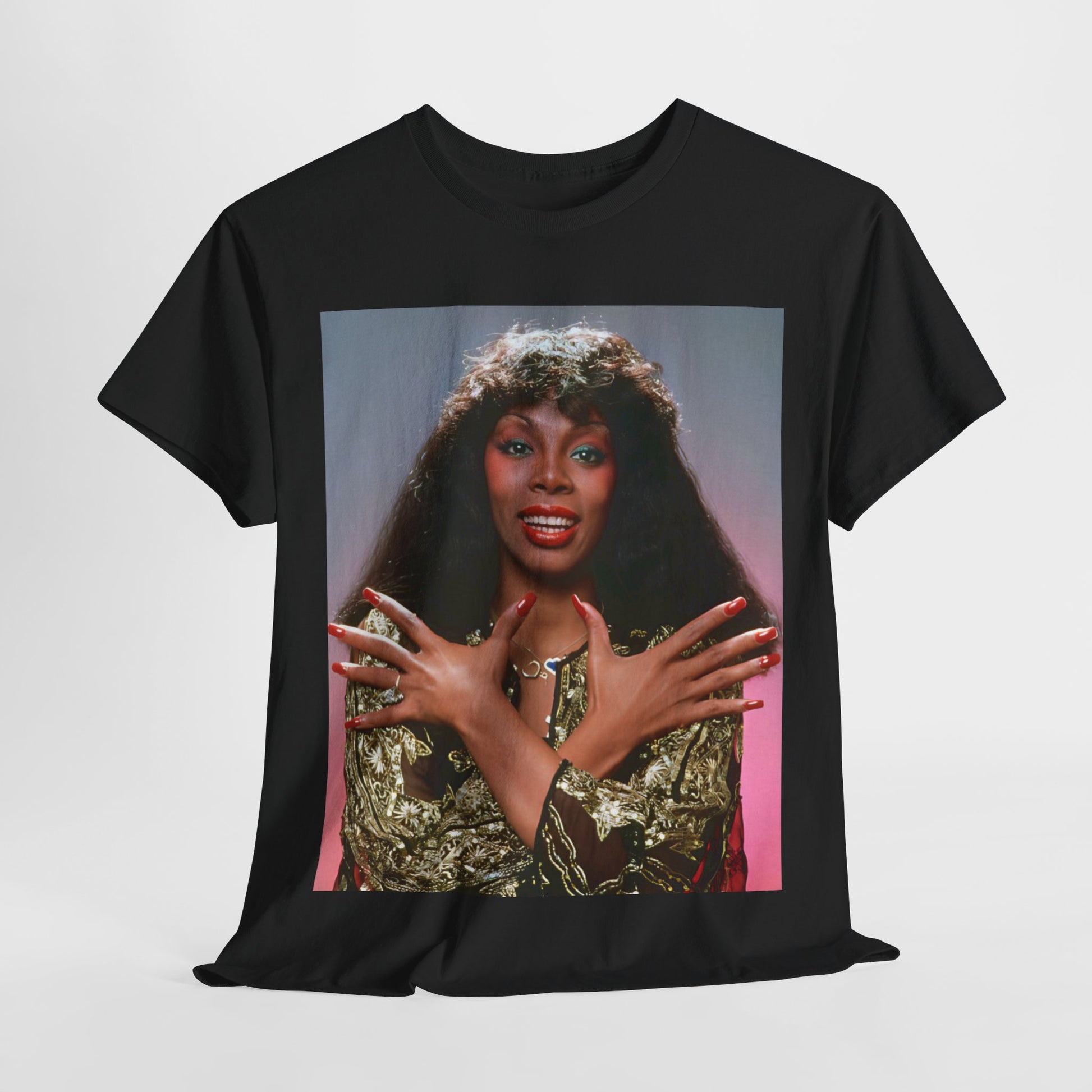 A black graphic t-shirt featuring a retro graphic of Donna Summer as the Queen of Disco.