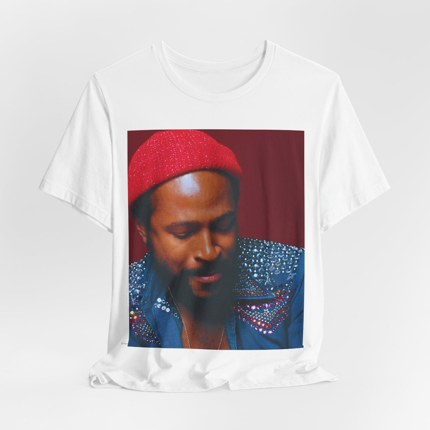 A black graphic t-shirt featuring a graphic related to Marvin Gaye's 'What's Going On' album era.