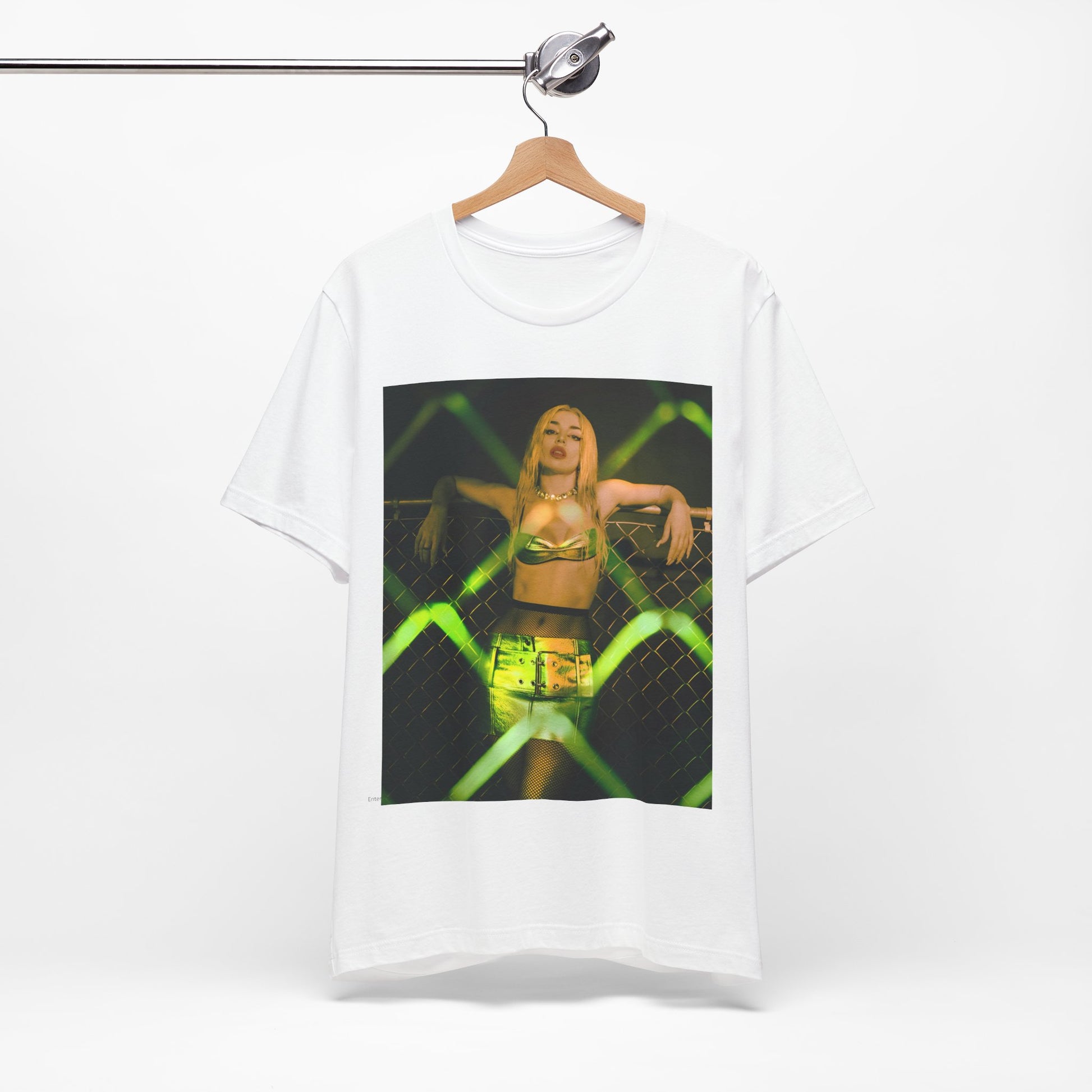 A black graphic t-shirt featuring a graphic of Ava Max with prominent neon green aesthetic elements.