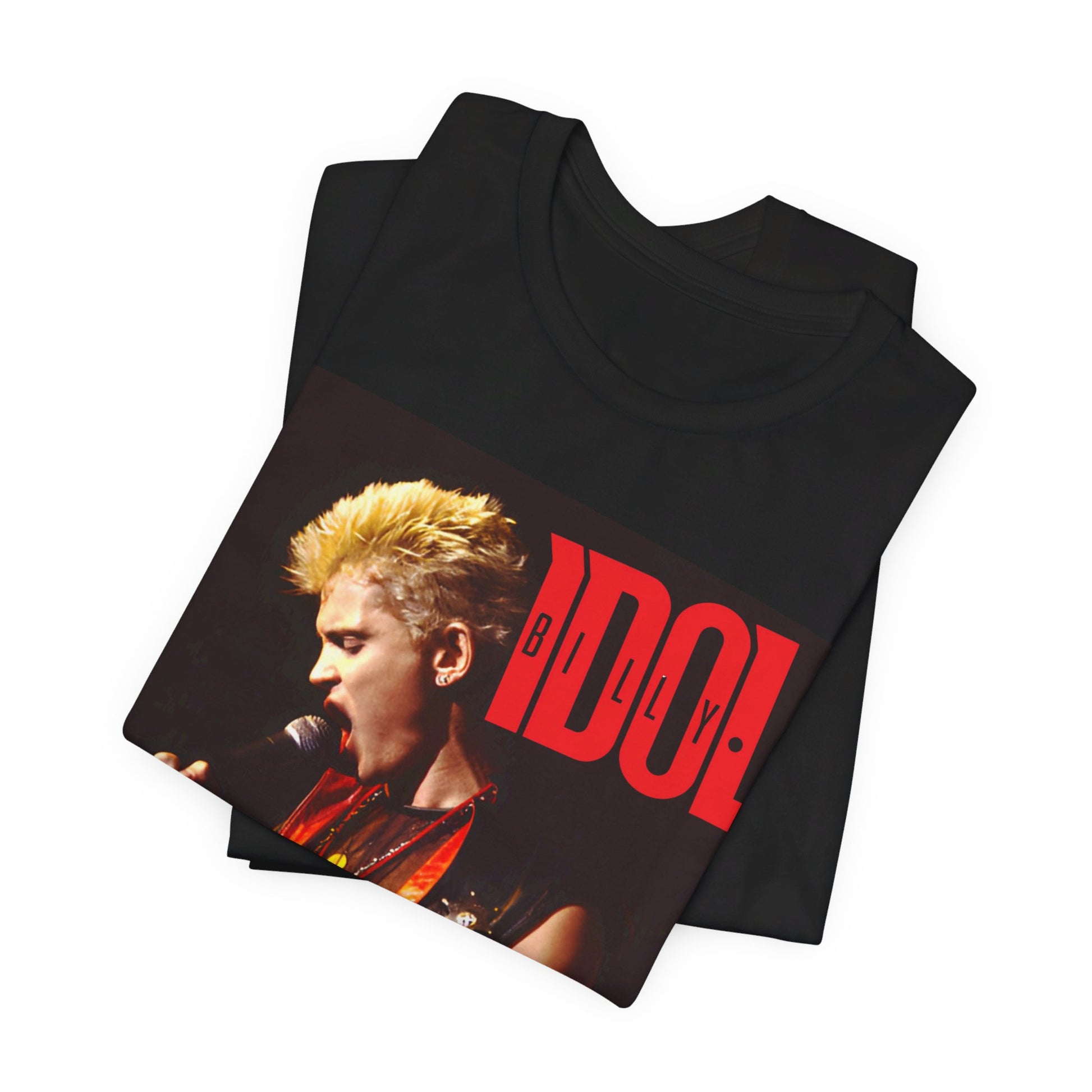 A black graphic t-shirt featuring an iconic 80s concert graphic of Billy Idol performing live on stage.
