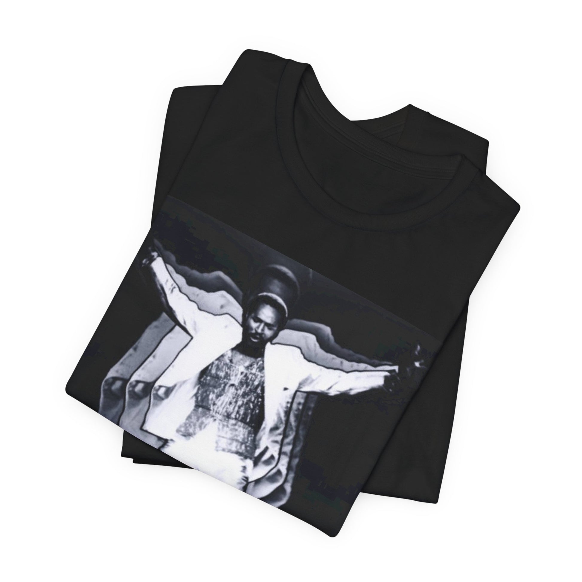 A black graphic t-shirt featuring a 70s aesthetic graphic of Marvin Gaye.