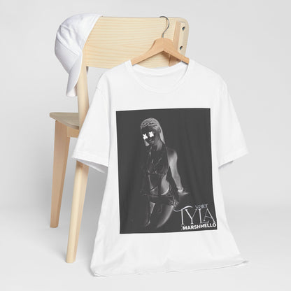 A black graphic t-shirt featuring a vintage amapiano icon graphic of Tyla.