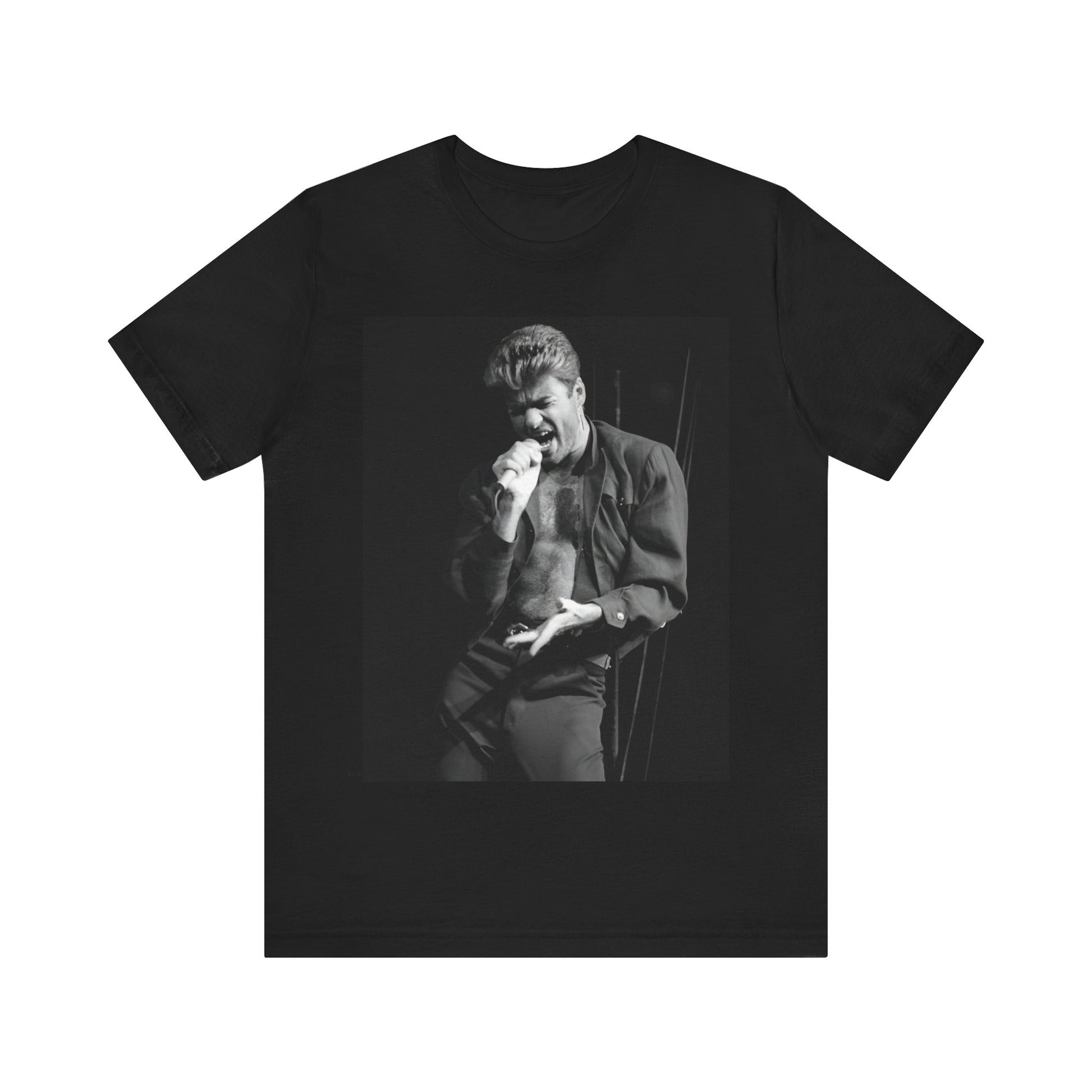 A black graphic t-shirt featuring a glamorous photo or graphic of George Michael performing live.