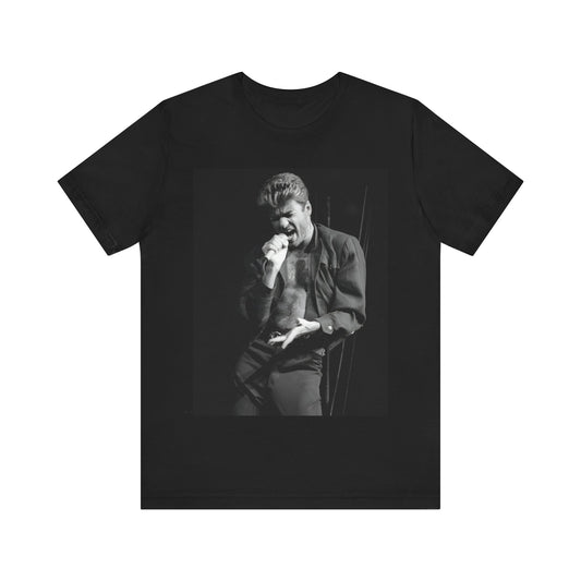 A black graphic t-shirt featuring a glamorous photo or graphic of George Michael performing live.