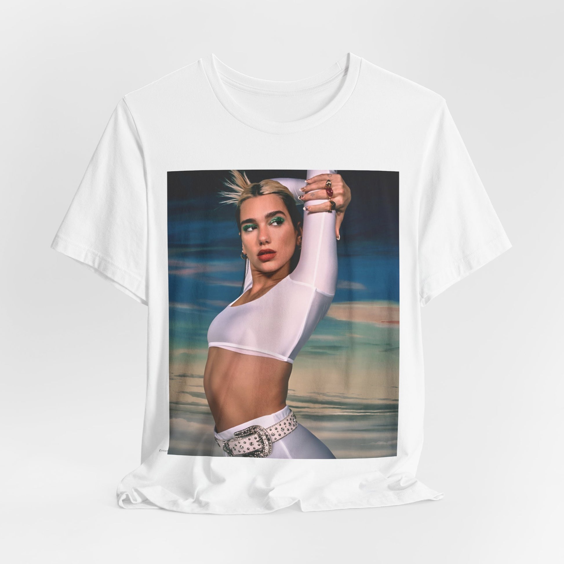 A black graphic t-shirt featuring a stylized graphic of Dua Lipa as a modern pop sensation.