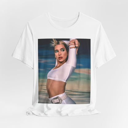 A black graphic t-shirt featuring a stylized graphic of Dua Lipa as a modern pop sensation.
