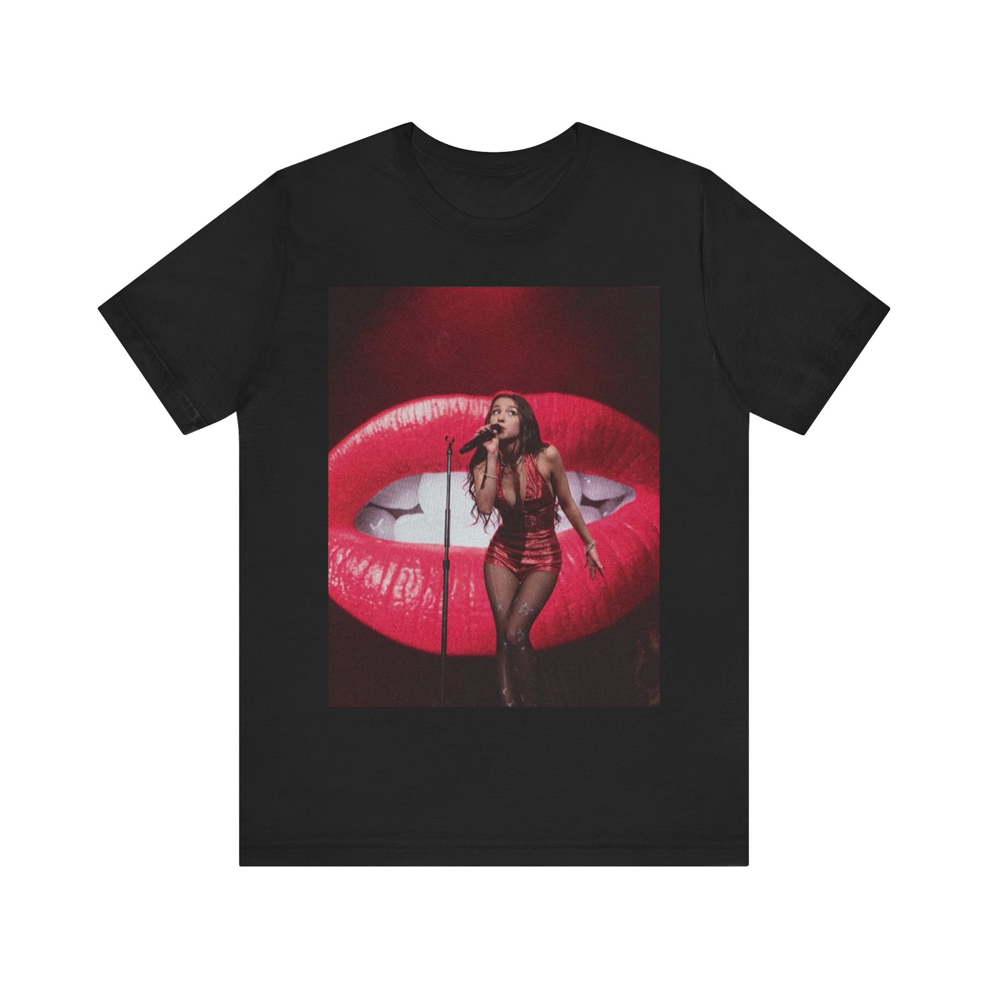 A black graphic t-shirt featuring a graphic or photo of Olivia Rodrigo performing live.
