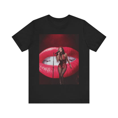 A black graphic t-shirt featuring a graphic or photo of Olivia Rodrigo performing live.