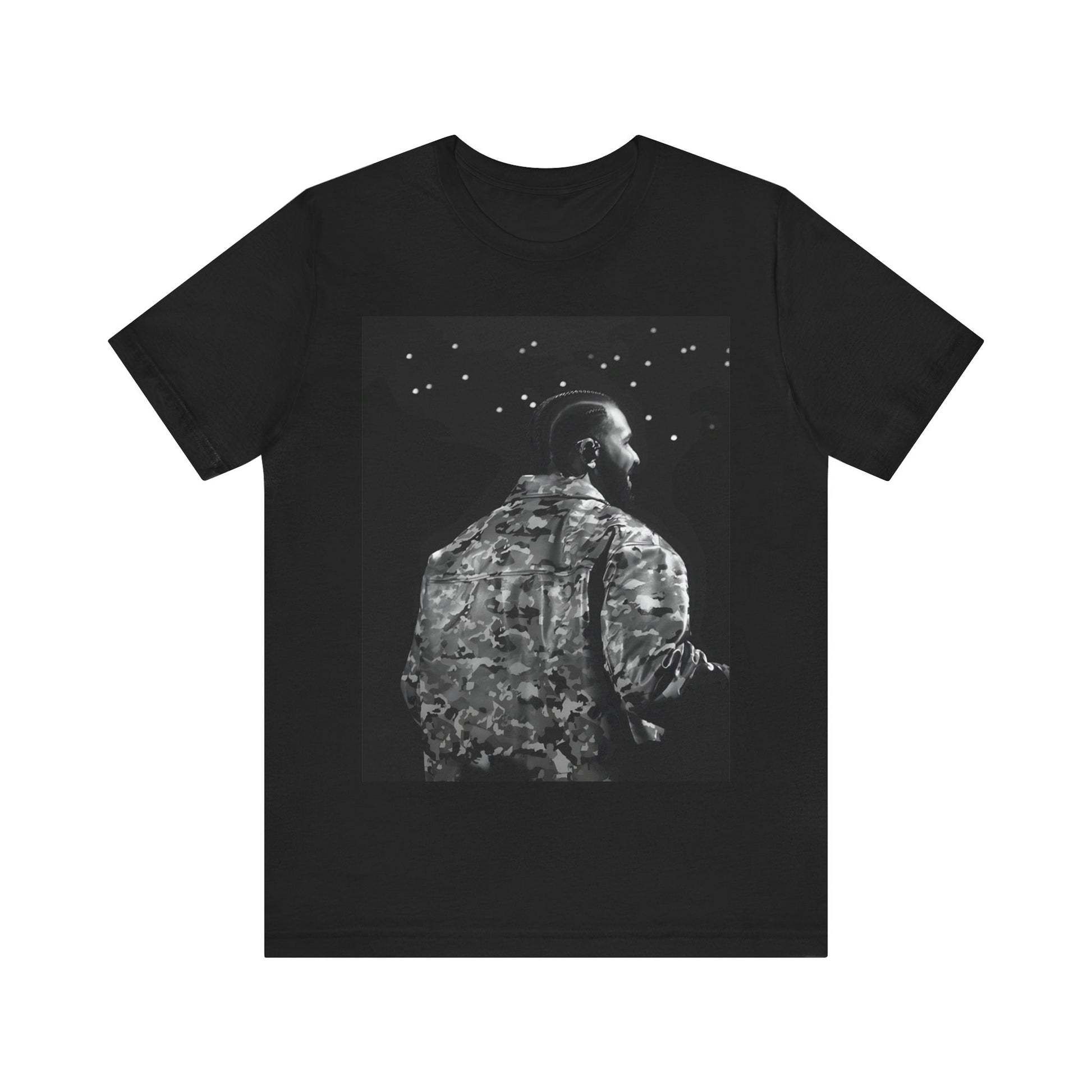 A black graphic t-shirt featuring a black and white graphic or photo of Drake performing live on stage.