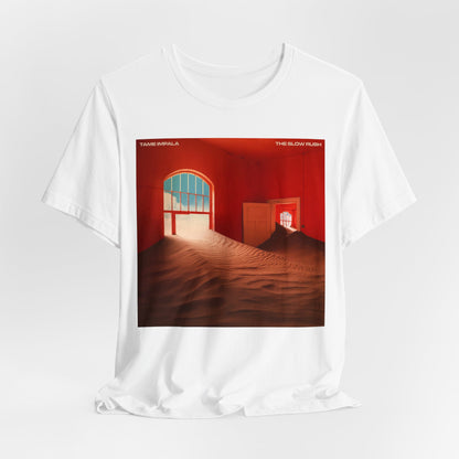 A black graphic t-shirt featuring a graphic related to Tame Impala's 'The Slow Rush' album.