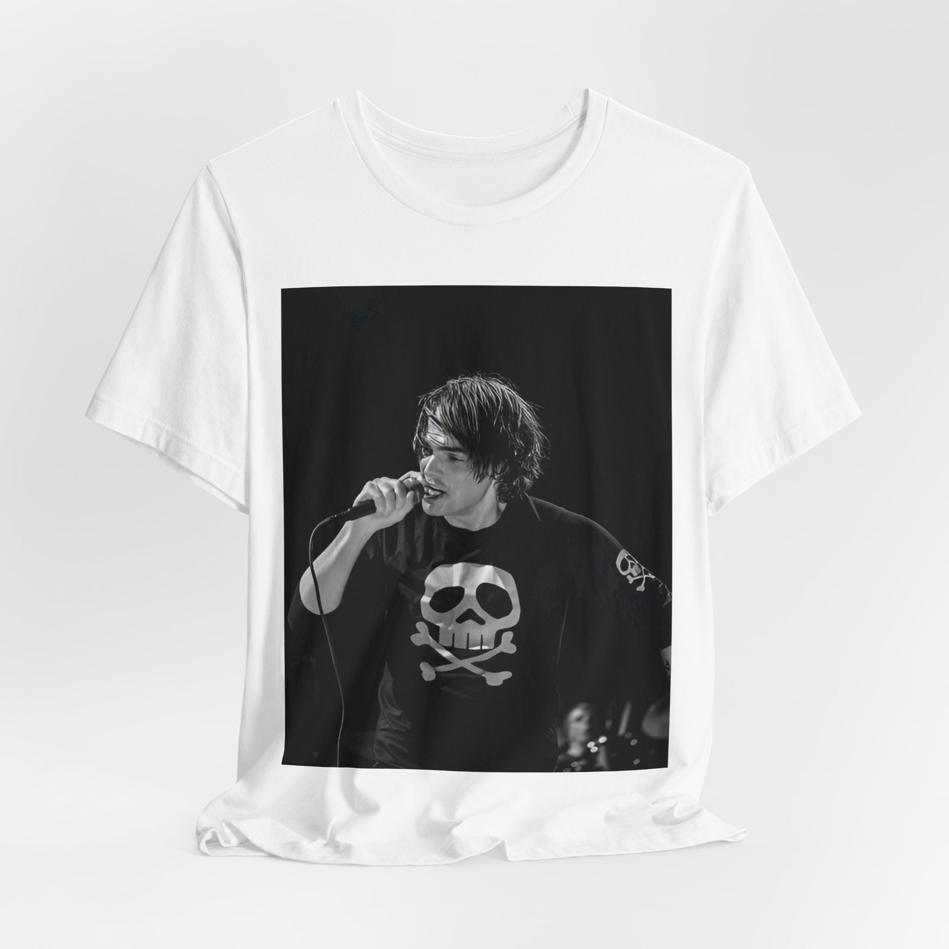 A black graphic t-shirt featuring a black and white portrait photo of Gerard Way from My Chemical Romance.