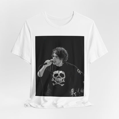 A black graphic t-shirt featuring a black and white portrait photo of Gerard Way from My Chemical Romance.