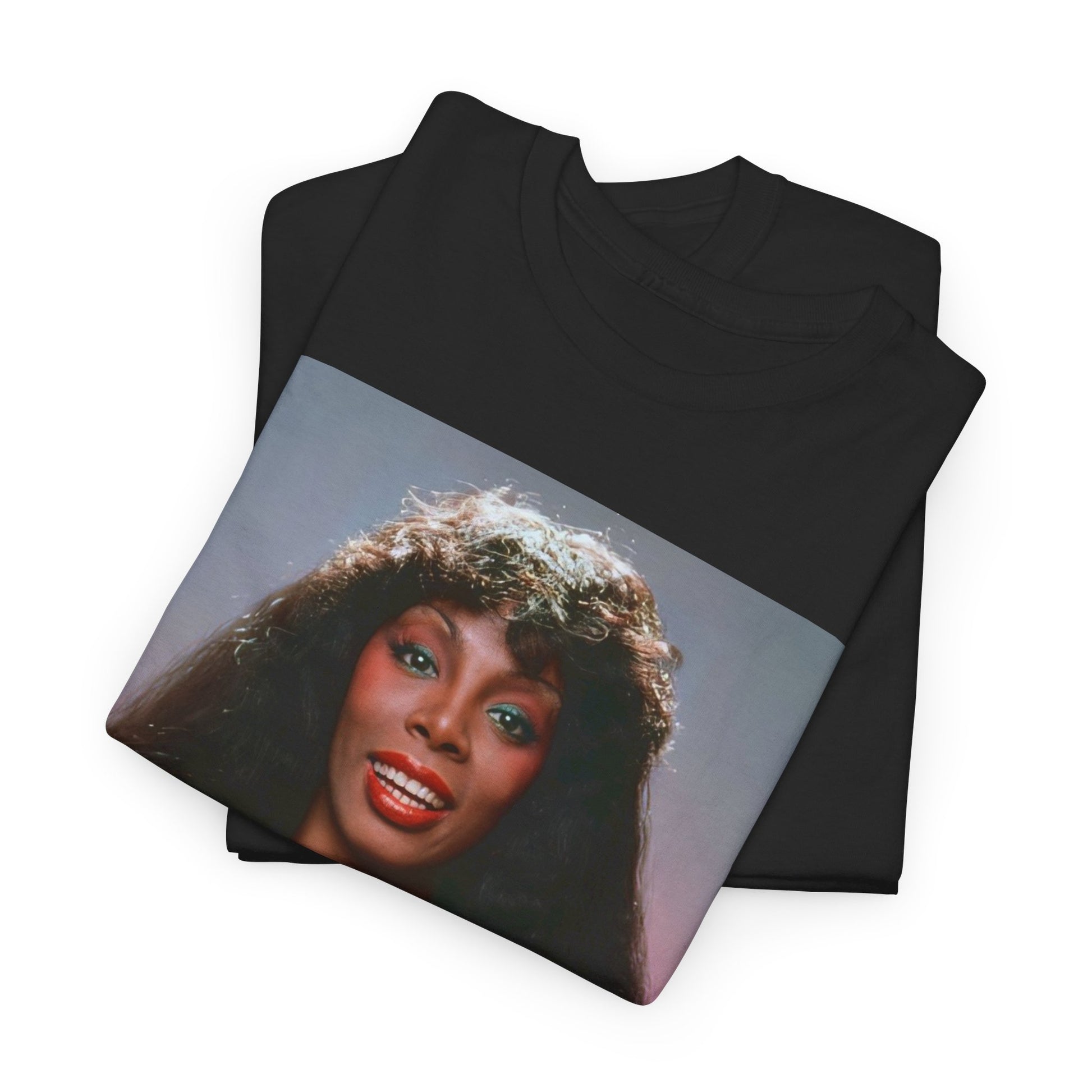 A black graphic t-shirt featuring a retro graphic of Donna Summer as the Queen of Disco.