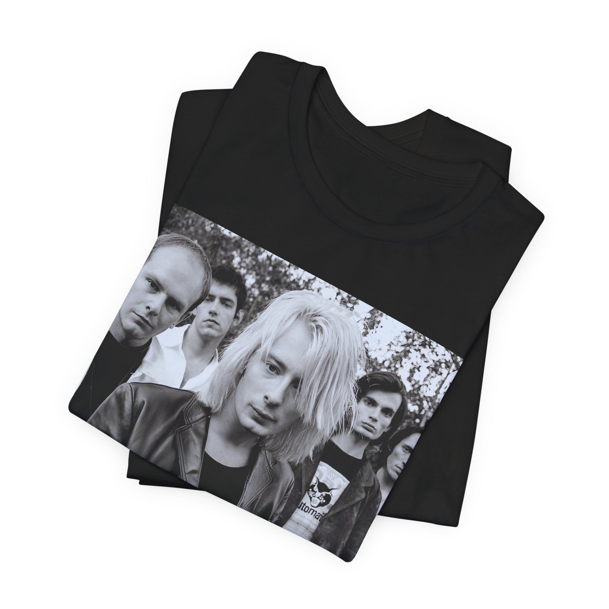 A black graphic t-shirt featuring a cool experimental rock graphic of Radiohead.