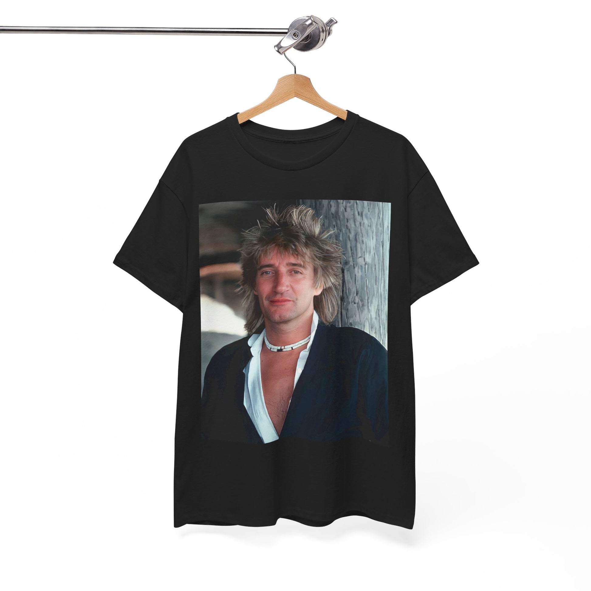 A black graphic t-shirt featuring a graphic of Rod Stewart as a cool British rocker.
