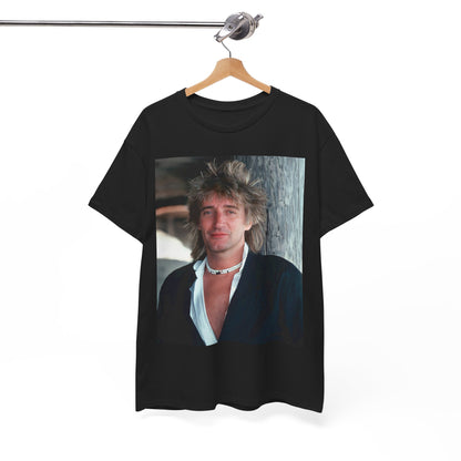 A black graphic t-shirt featuring a graphic of Rod Stewart as a cool British rocker.