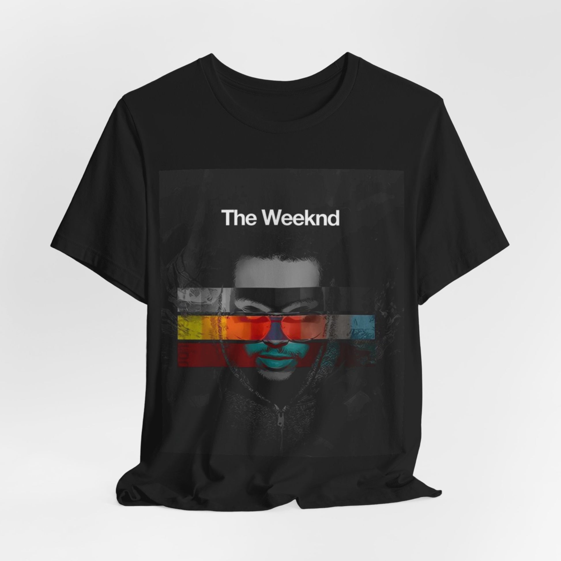 A black graphic t-shirt featuring a retro graphic related to The Weeknd's 'House of Balloons' mixtape.