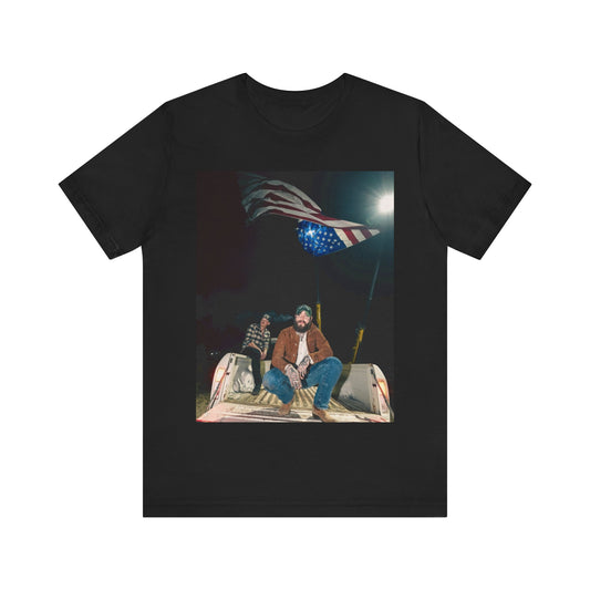 A black graphic t-shirt featuring an Americana-style graphic of Post Malone.