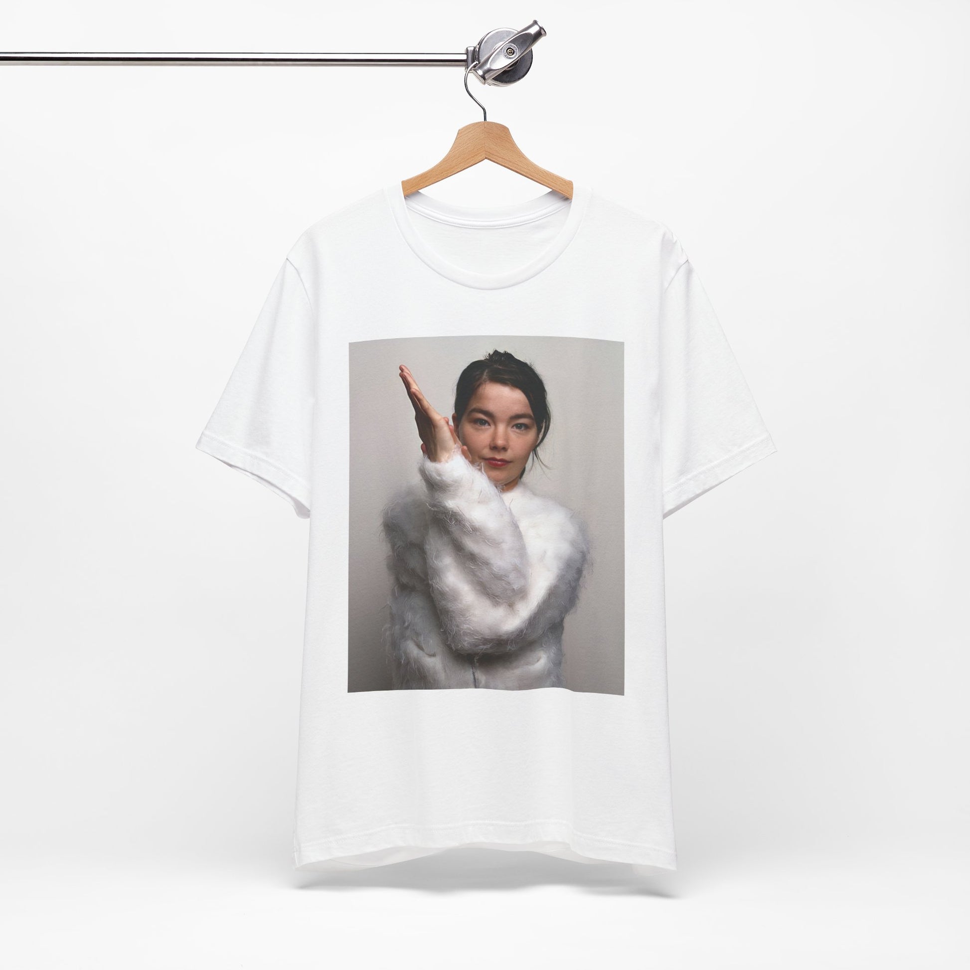 A black graphic t-shirt featuring a classic indie music graphic of Bjork.