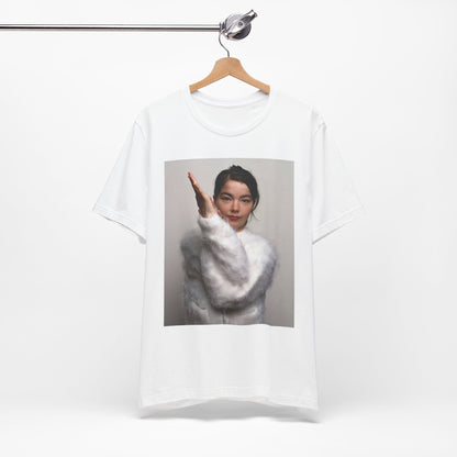 A black graphic t-shirt featuring a classic indie music graphic of Bjork.