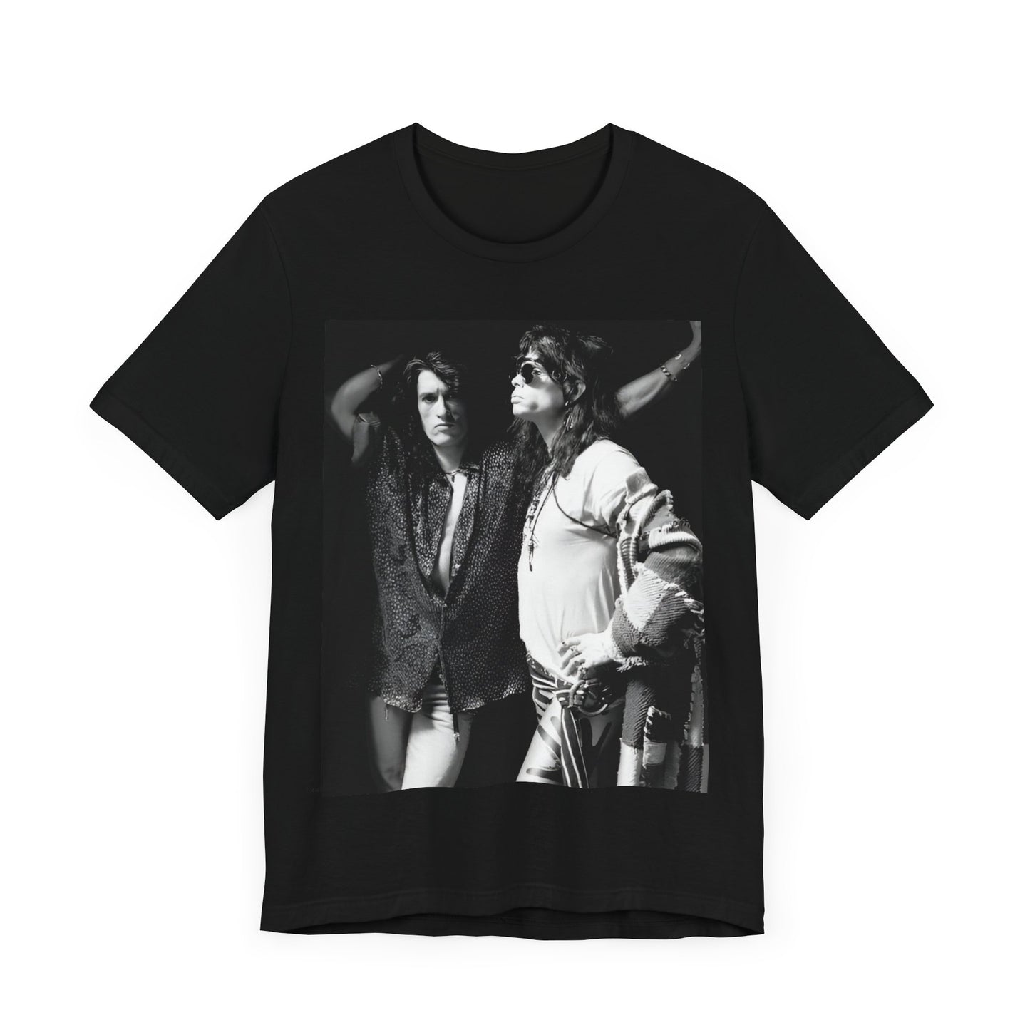 A black graphic t-shirt featuring a dynamic photo or illustration of Aerosmith's Steven Tyler and Joe Perry performing together on stage, highlighting their synergy.