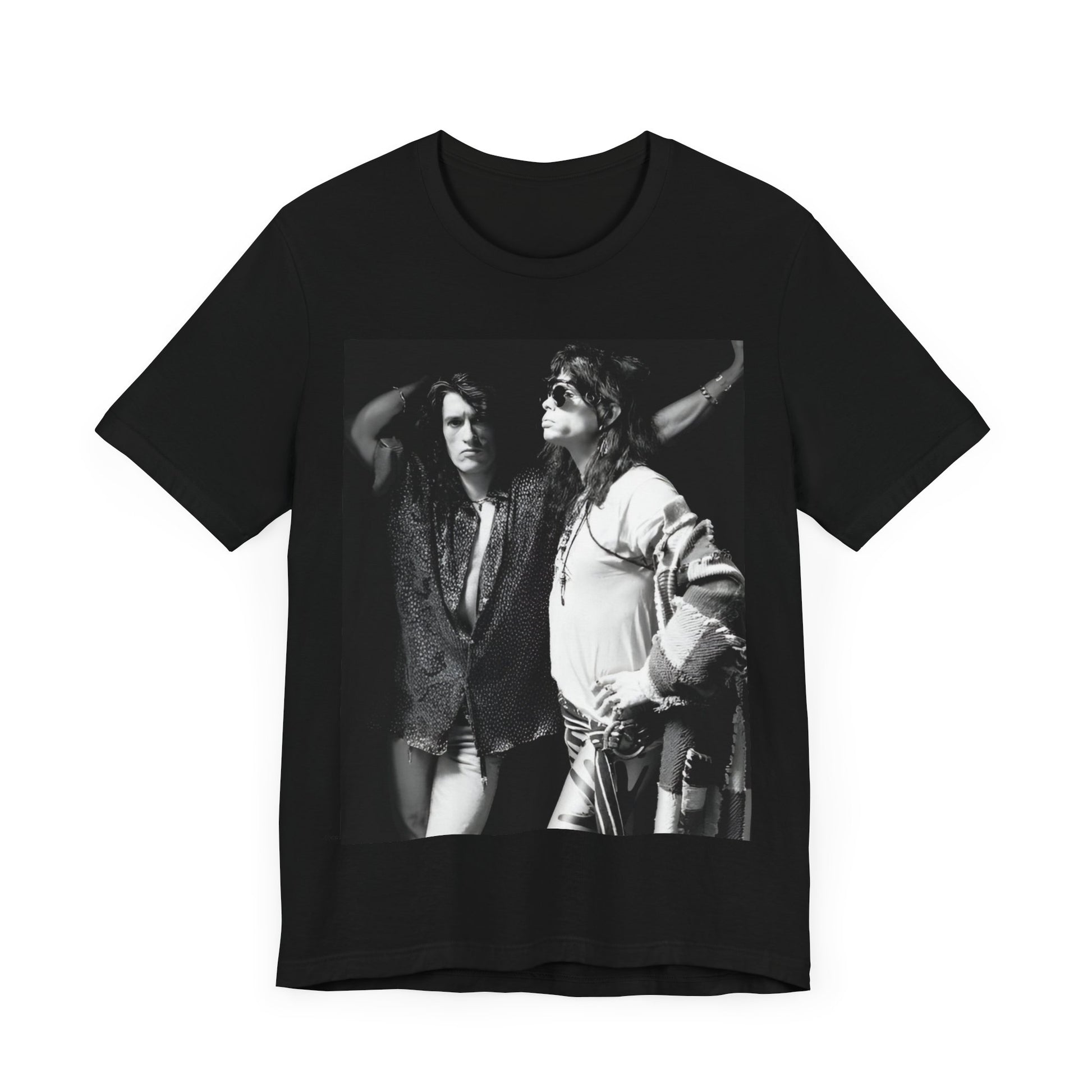 A black graphic t-shirt featuring a dynamic photo or illustration of Aerosmith's Steven Tyler and Joe Perry performing together on stage, highlighting their synergy.