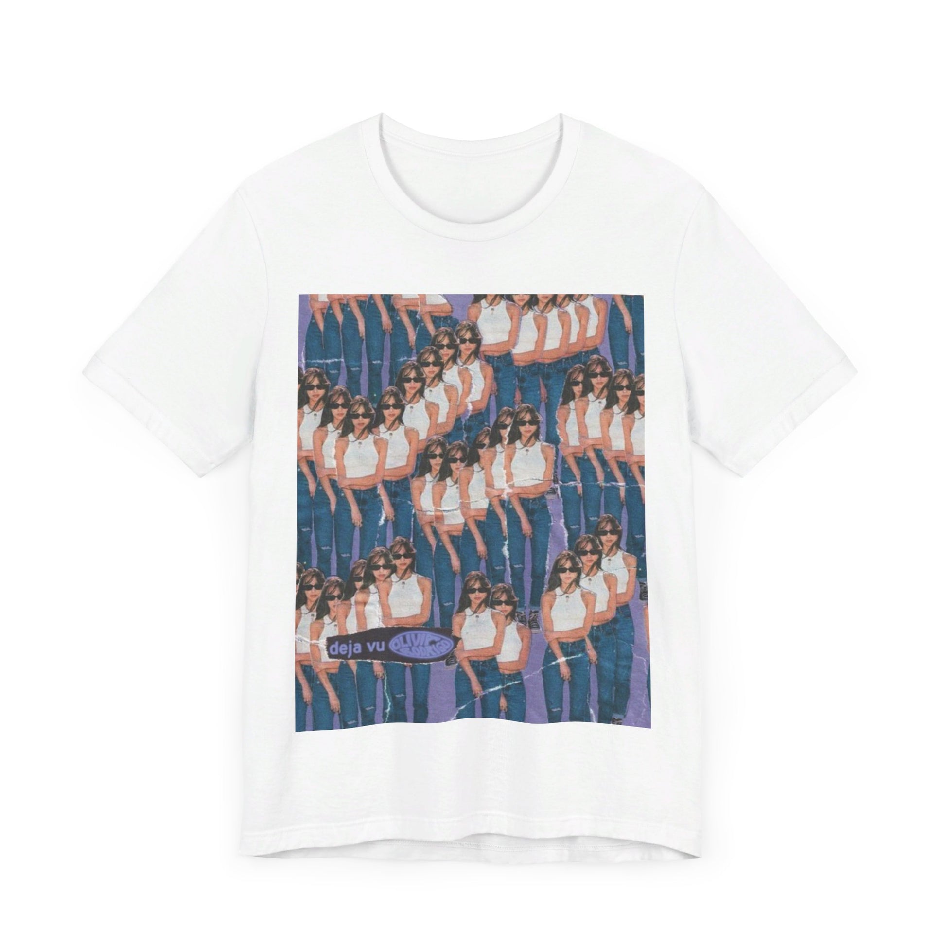 A black graphic t-shirt featuring an aesthetic graphic of Olivia Rodrigo.