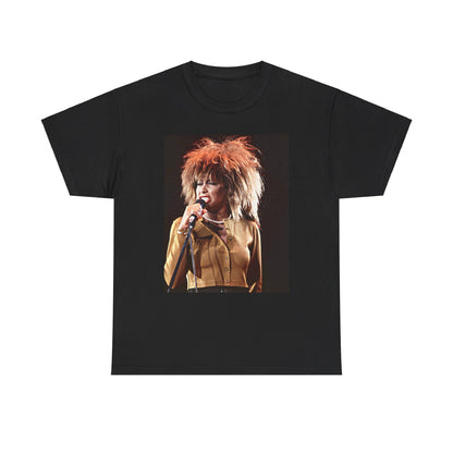 A black graphic t-shirt featuring a graphic of Tina Turner as a legendary rock icon.