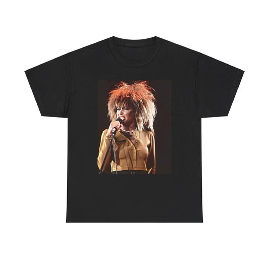 A black graphic t-shirt featuring a graphic of Tina Turner as a legendary rock icon.