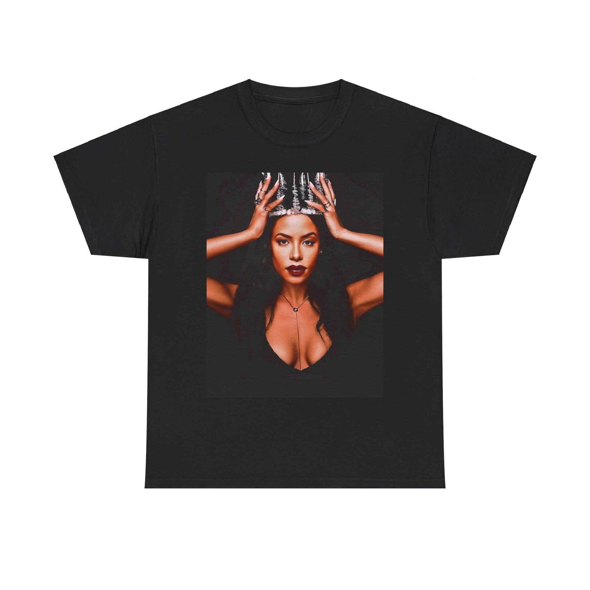 A black graphic t-shirt featuring a boxy graphic related to Aaliyah's 'More Than a Woman' song or era.