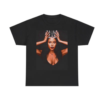 A black graphic t-shirt featuring a boxy graphic related to Aaliyah's 'More Than a Woman' song or era.