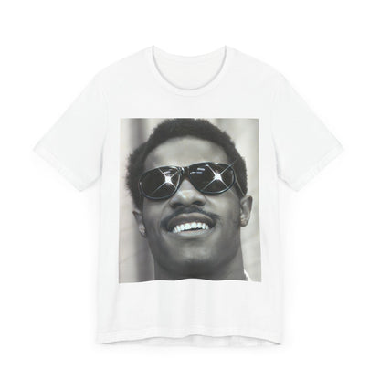 A black graphic t-shirt featuring a 70s funk aesthetic black and white graphic or photo of Stevie Wonder.
