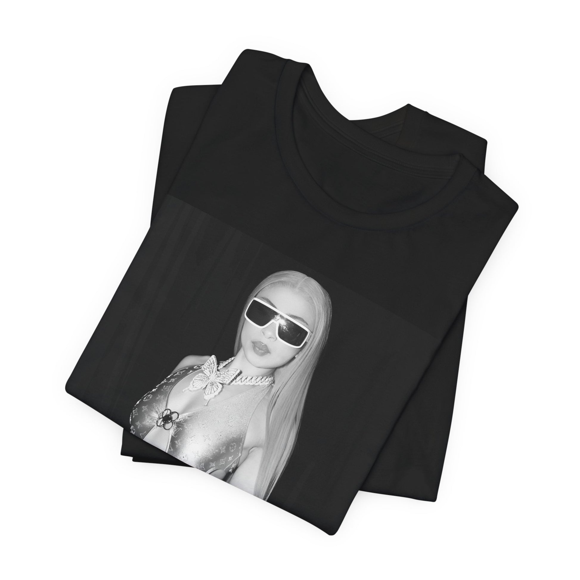 A black graphic t-shirt featuring a black and white graphic or photo of Ice Spice in a backstage setting.