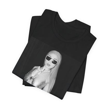 A black graphic t-shirt featuring a black and white graphic or photo of Ice Spice in a backstage setting.