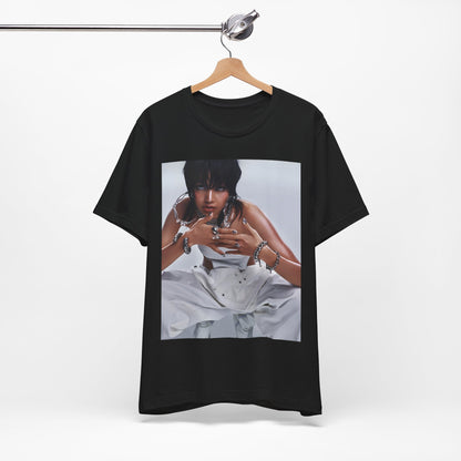 A black graphic t-shirt featuring a casual K-Pop fan graphic of Lisa.
