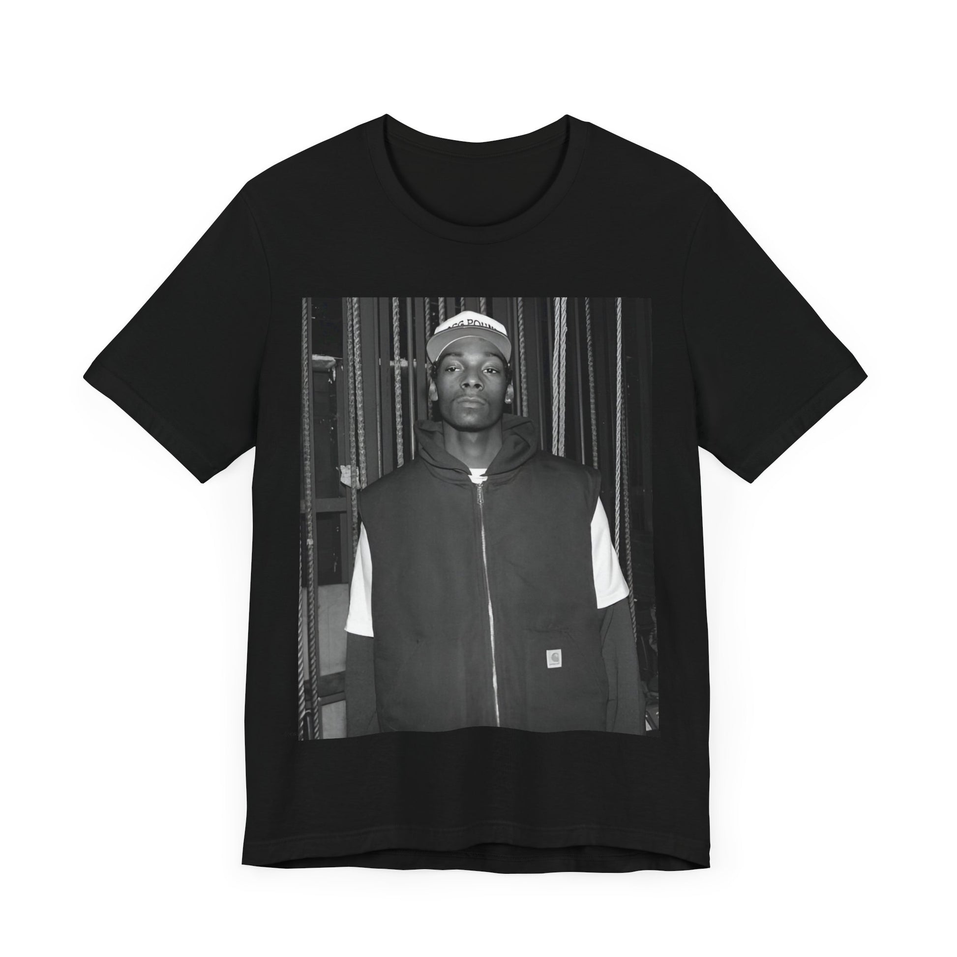 A black graphic t-shirt featuring a graphic of Snoop Dogg emphasizing a rebellious spirit.