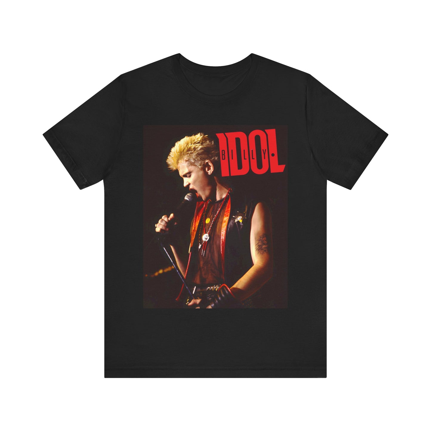 A black graphic t-shirt featuring an iconic 80s concert graphic of Billy Idol performing live on stage.