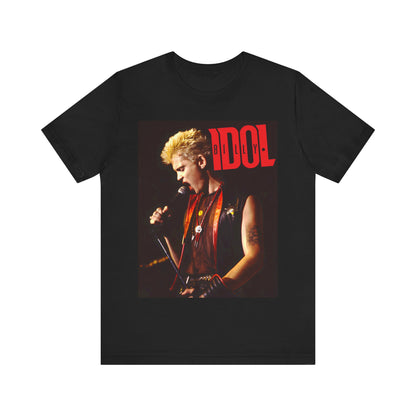 A black graphic t-shirt featuring an iconic 80s concert graphic of Billy Idol performing live on stage.