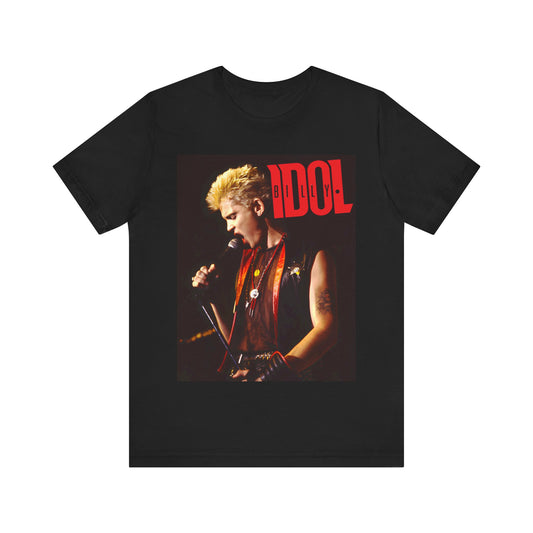 A black graphic t-shirt featuring an iconic 80s concert graphic of Billy Idol performing live on stage.