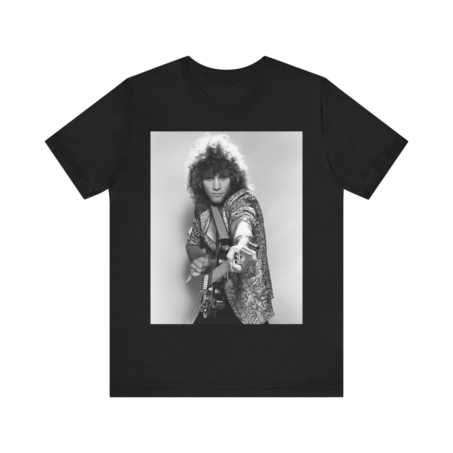 A black graphic t-shirt featuring a vintage 80s rock graphic of Bon Jovi.