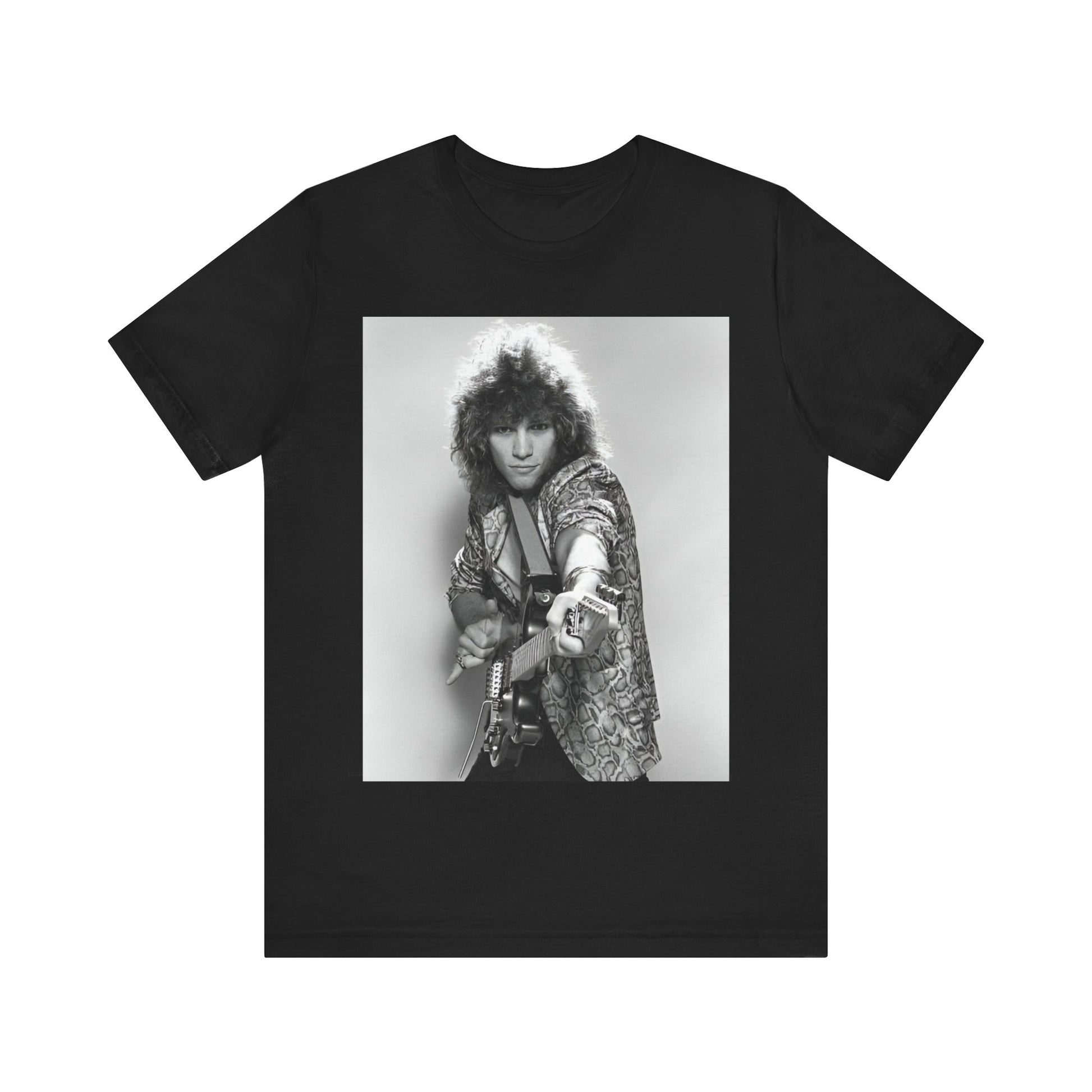 A black graphic t-shirt featuring a vintage 80s rock graphic of Bon Jovi.