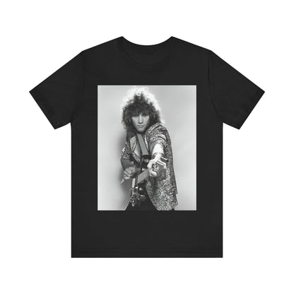A black graphic t-shirt featuring a vintage 80s rock graphic of Bon Jovi.